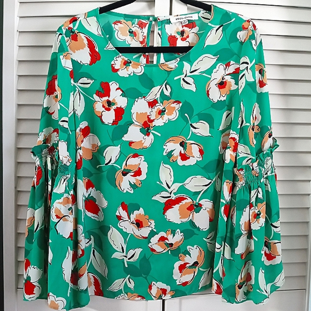 Rose & Olive Green Floral Bell Sleeve Pullover Blouse Top L